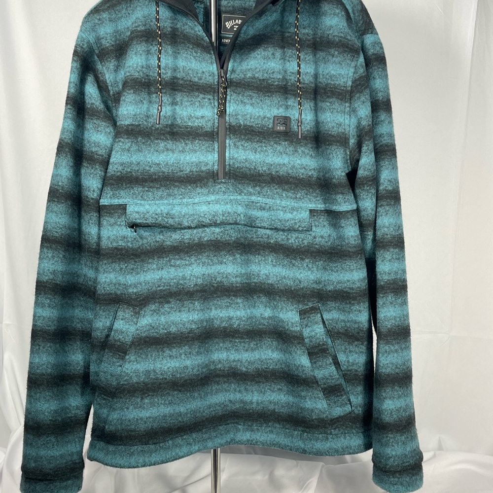 Billabong Teal & Black Striped 1/4 Zip Pullover Hoodie. Bold warm baggy Sz M
